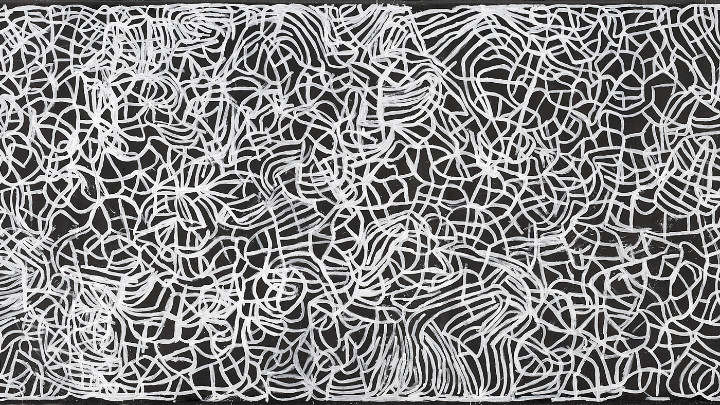 Abstract Aboriginal painting of white lines on a black background