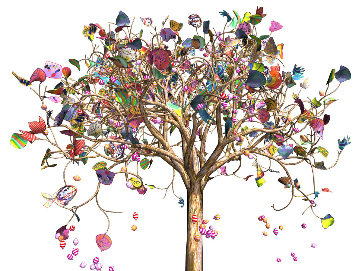 Video still of a tree with bright multi-colored leaves on the branches and falling around it