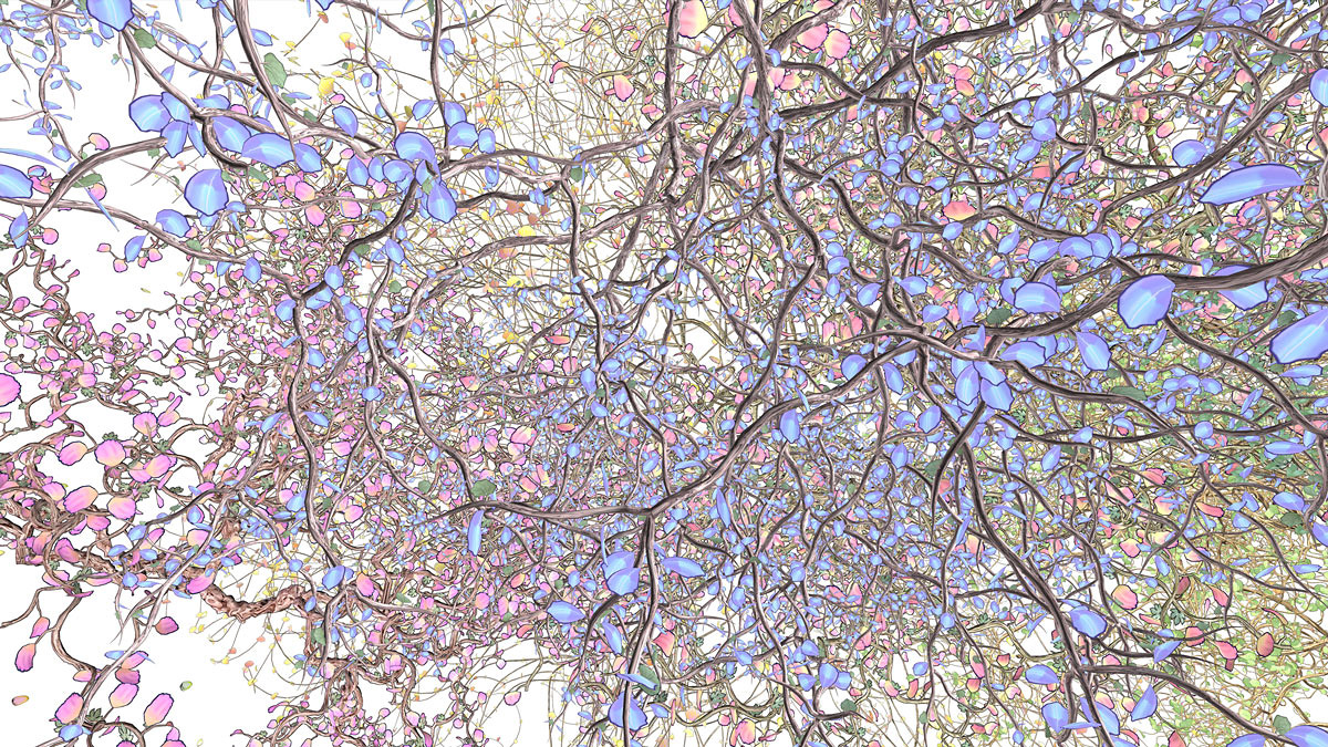 Abstract video installation with tree-limb and leaf-like patterns