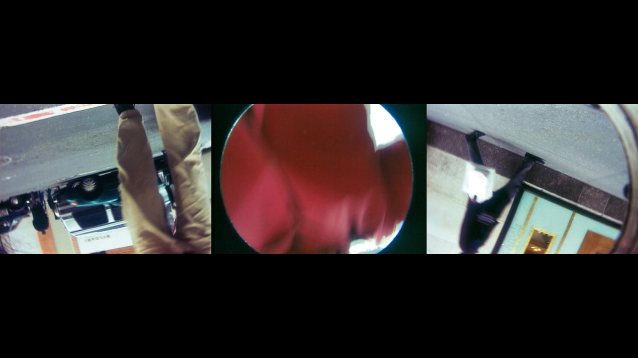 A strip of three film stills with semi-obscured views of people walking on city streets