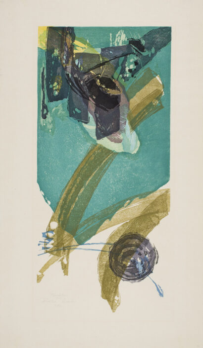 Abstract woodblock print in green, olive, black, grey, and brown