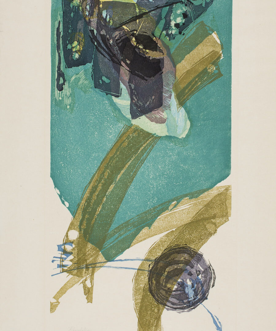 Abstract woodblock print in green, olive, black, grey, and brown