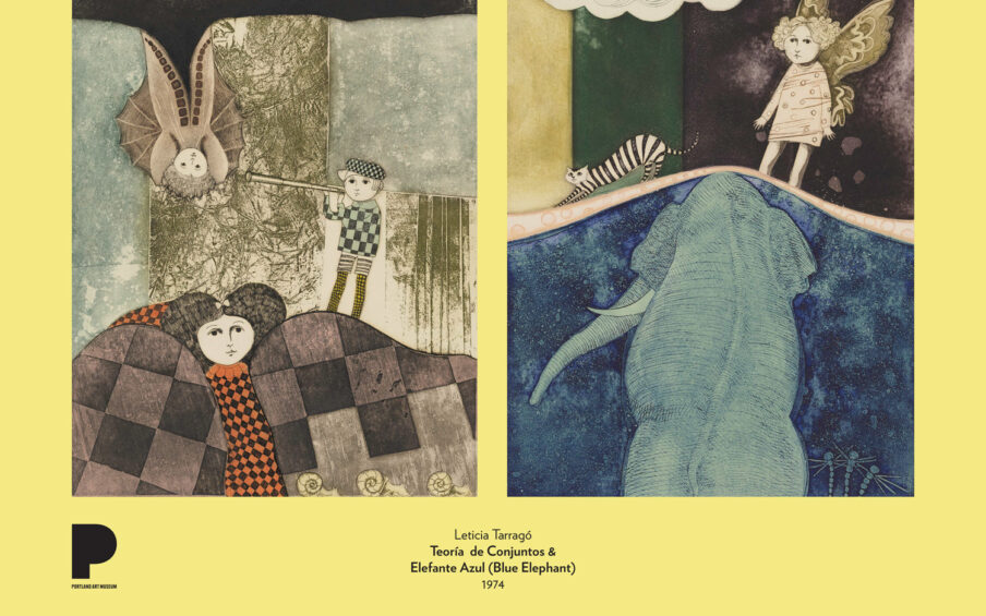 Two etchings with fanciful figures of children, a blue elephant, and fairies