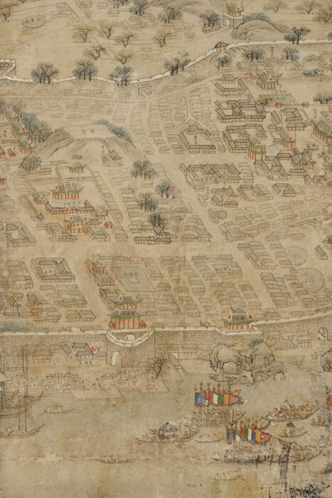 Drawing of a Korean walled city on paper