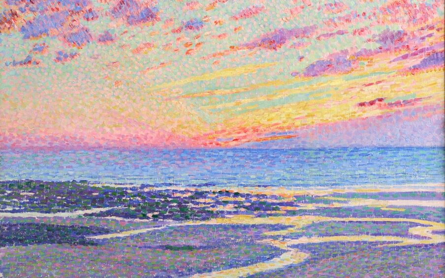 “Plage à marée basse à Ambleteuse, le soir (Beach At Low Tide, Ambleteuse, Evening)”. Théo Van Rysselberghe. 1900. Oil on Canvas. 21 ½” x 24 ¾”. Series of bright vividly colored dots fill the canvas depicting the sunset, ocean, and beach. The bottom third of the canvas has a base layer of blue and green dots with purple, pink, yellow, and white drops on top. Estuaries run from the bank, curving through the sand, and into the sea. They are made up of light yellow and orange dots, reflecting the sunset. Near the middle of the painting darker sand depicted by dark green, blue, and brown dots runs along the edge of the ocean which is composed of longer ovals of green, blue, yellow, and pink brushstrokes. Light blue sky covers the top of the canvas with yellow, pink, and red rays extending to the right. Above, red, purple, and orange clouds dot the sky. Long linear clouds on the right and small oval clouds on the left. The painting is framed in a gold frame with highly detailed filigree loosely resembling vines, leaves, and flowers.