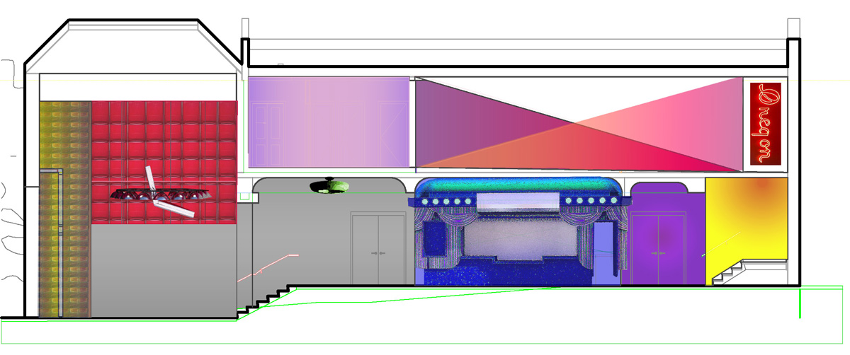 Color design sketch of a theater showing the rooms and stair layout.