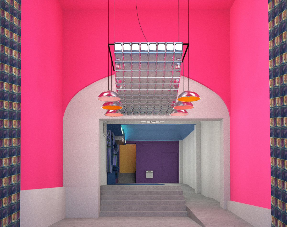 Illustration of theater entry way with bright pink walls, grey carpet and stairs, and lights overhead. A purple wall and blue ceiling are seen in the back of the image.