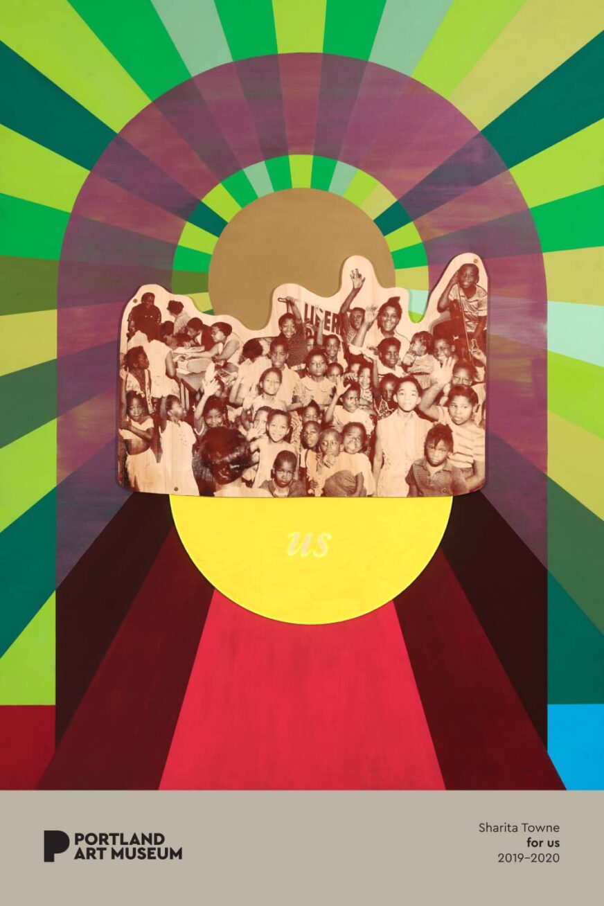 Mixed-media collage with a group of people surrounded by bands of color.