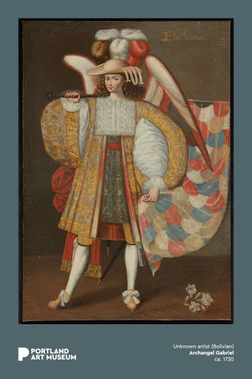 Painting of a an angel wearing colorful garments.