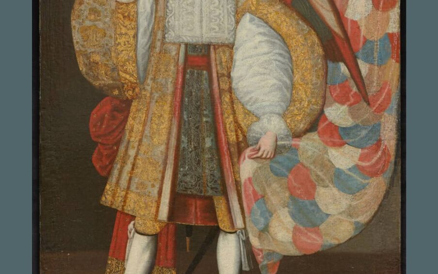 Painting of a an angel wearing colorful garments.