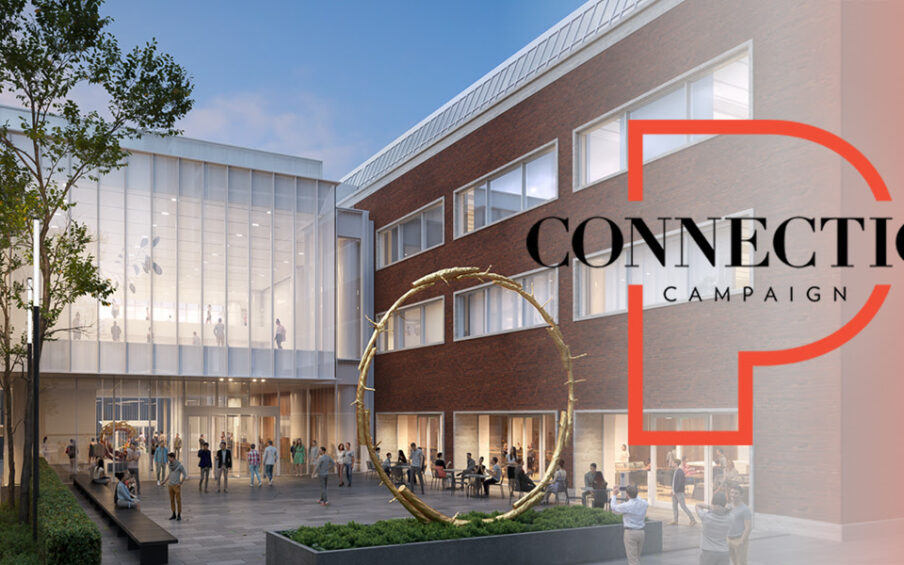 Rendering of west plaza of the Rothko Pavilion with the words Connection Campaign over it.