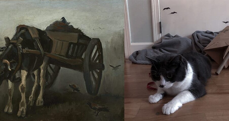 Ox and Cart by Van Gogh recreated by Mr. Longfellow with paper towels, paper bag, tape, marker, towels, shoes, pillow, & Gus.