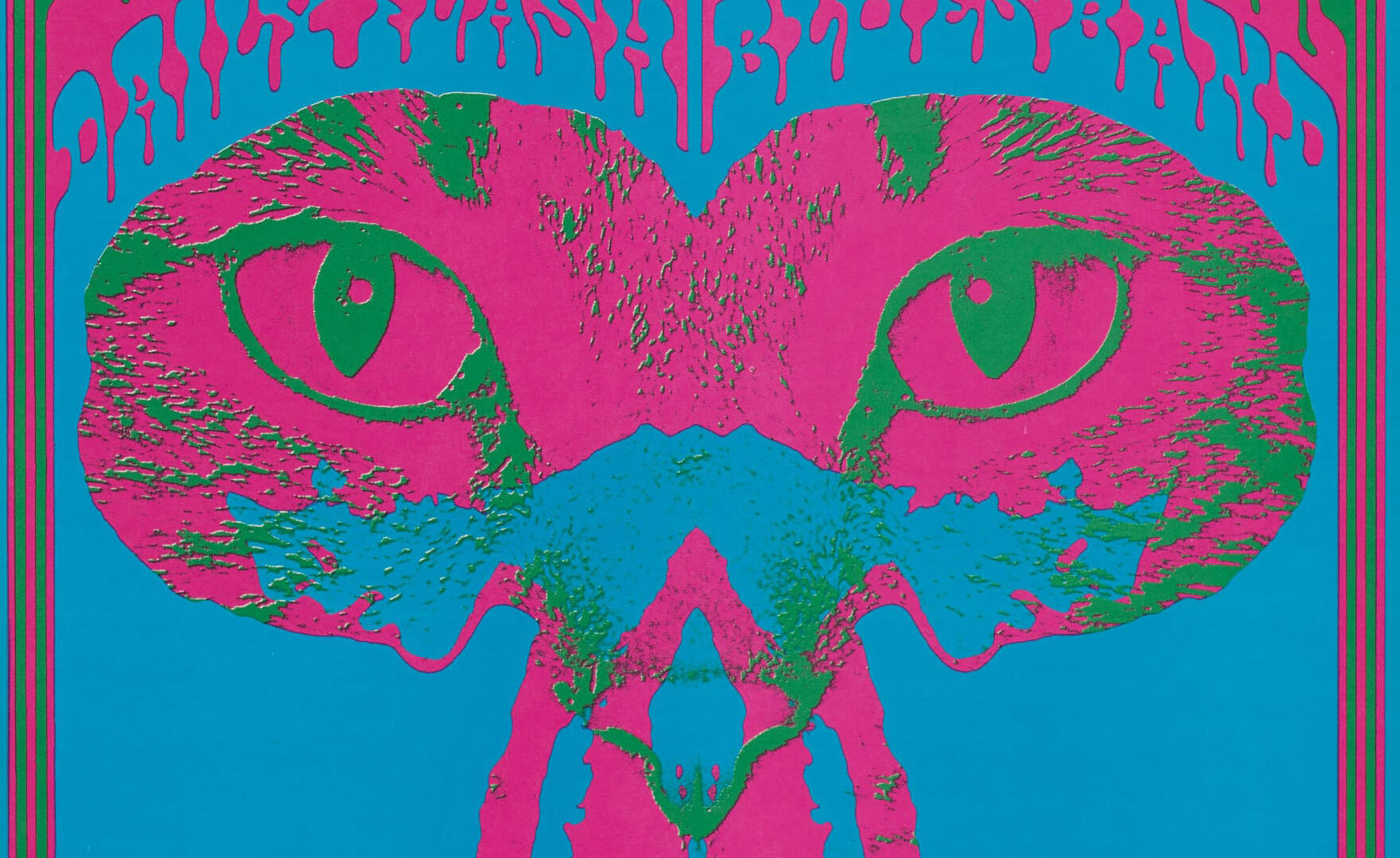 Psychedelic poster with blue background and pink and green foreground.