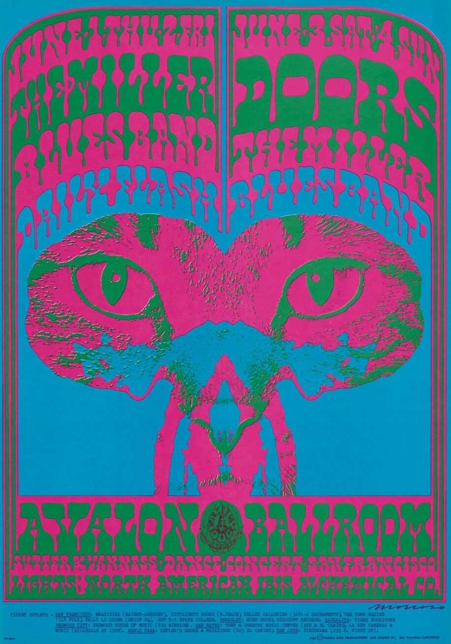 Psychedelic poster with blue background and pink and green foreground.