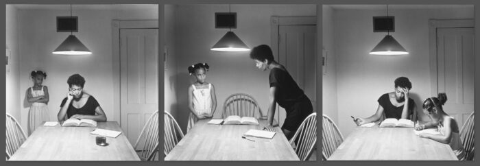 Black and white triptych with a black woman and young black girl at a kitchen table