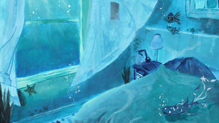 Painting of a blue and green bedroom with magical fish in the air.
