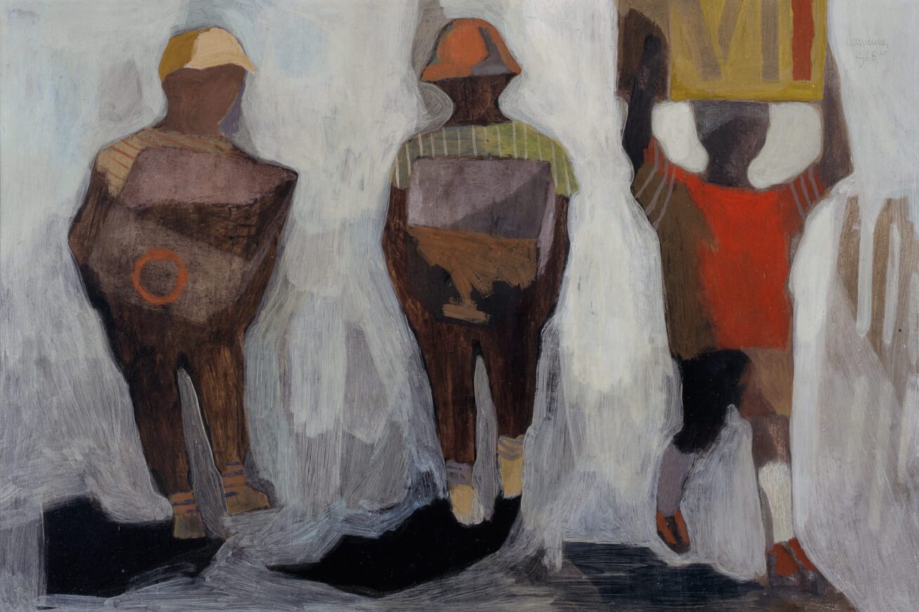 Oil painting of three children carrying boxes.