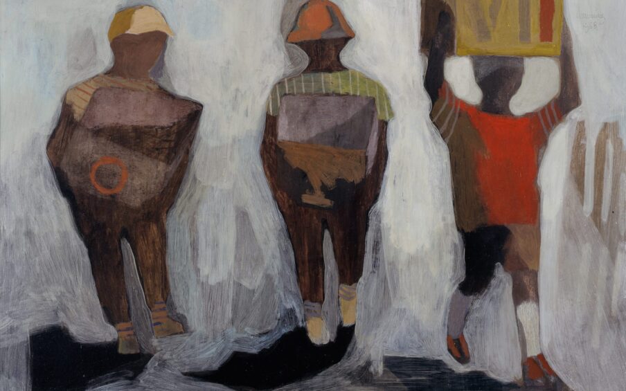 Oil painting of three children carrying boxes.