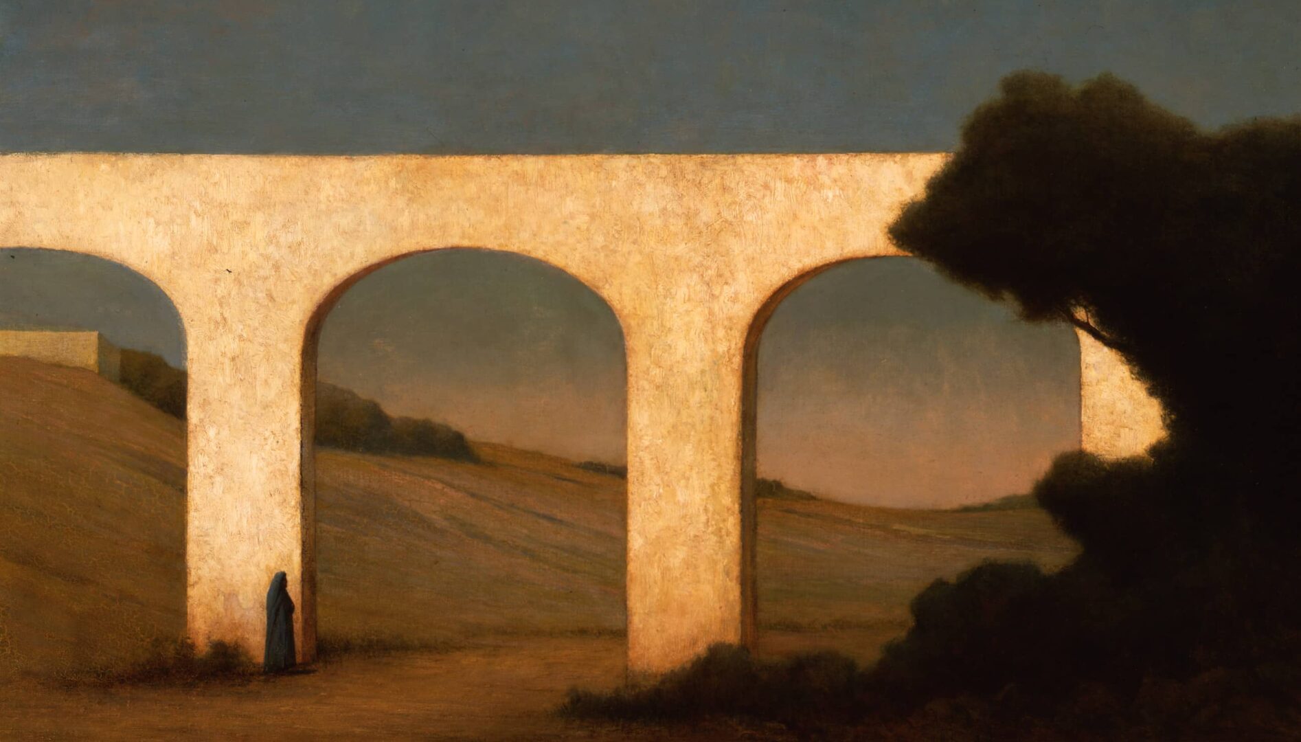 Painting of an aqueduct with a person standing at the base and a tree framing the righthand side.