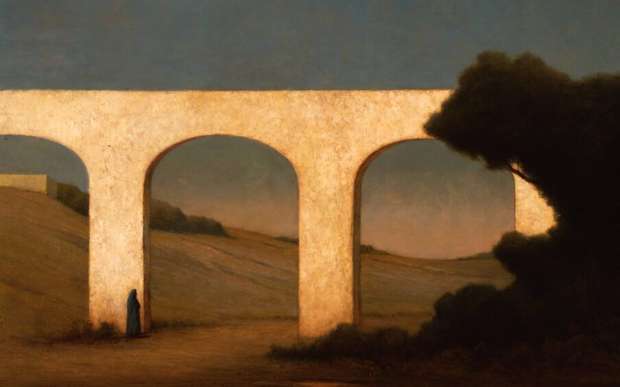 Painting of an aqueduct with a person standing at the base and a tree framing the righthand side.