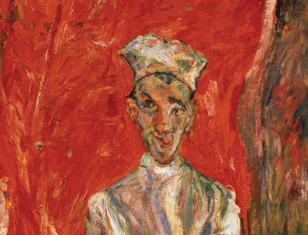 Painting of a pastry cook in a white chef's coat and chef's hat against a red background